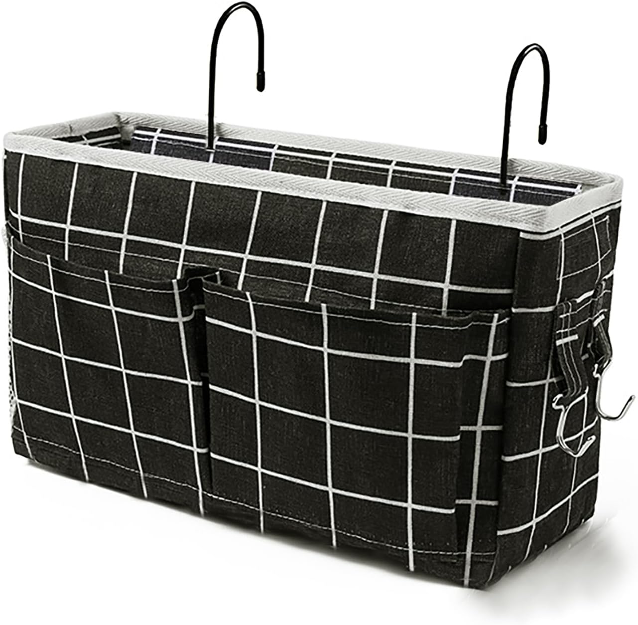 Bedside Caddy Bedside Hanging Storage Basket Multi-Function Organizer Caddy for Bunk and Hospital Beds Dorm Rooms Bed Rails, Can be Placed Glasses Books Mobile Phones（Black Grid）