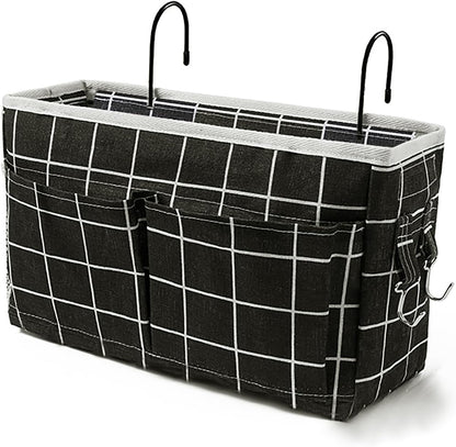 Bedside Caddy Bedside Hanging Storage Basket Multi-Function Organizer Caddy for Bunk and Hospital Beds Dorm Rooms Bed Rails, Can be Placed Glasses Books Mobile Phones（Black Grid）