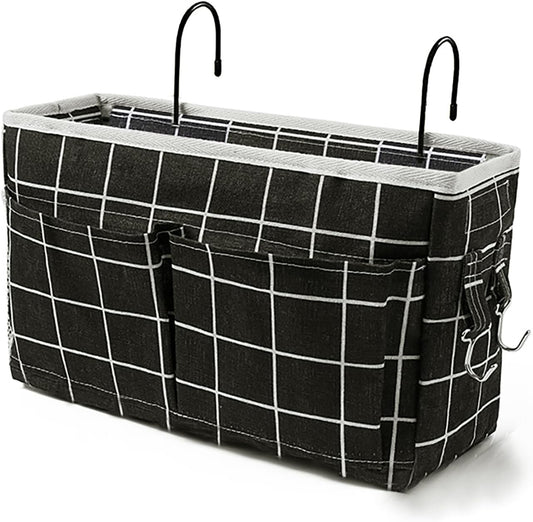 Bedside Caddy Bedside Hanging Storage Basket Multi-Function Organizer Caddy for Bunk and Hospital Beds Dorm Rooms Bed Rails, Can be Placed Glasses Books Mobile Phones（Black Grid）