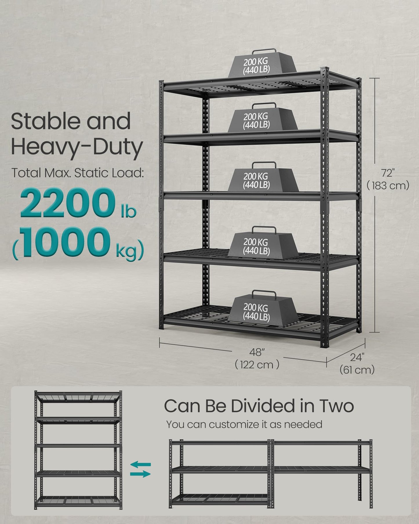 SONGMICS 5-Tier Steel Storage Shelves, Boltless Assembly, 2,200 lb Load