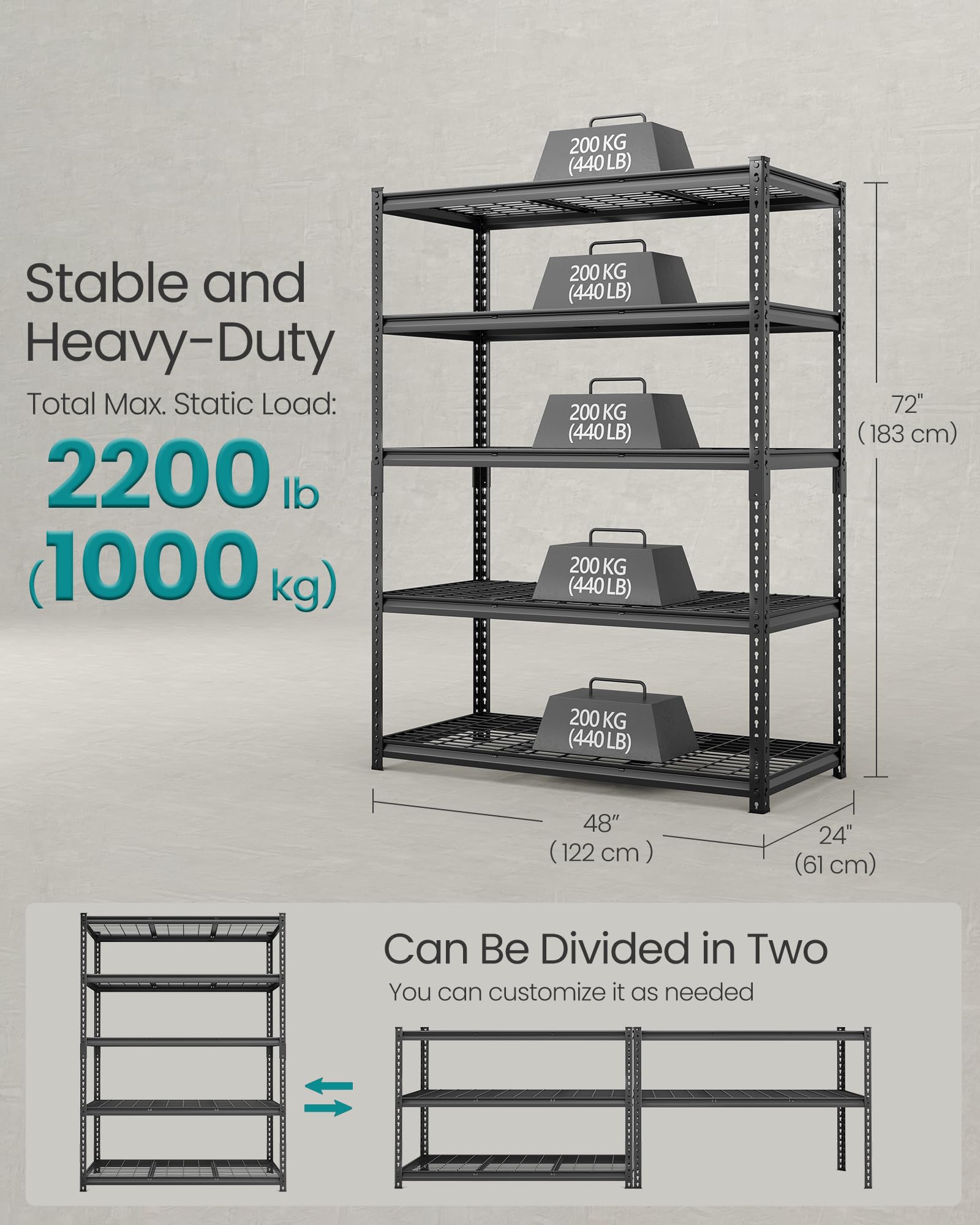 SONGMICS 5-Tier Steel Storage Shelves, Boltless Assembly, 2,200 lb Load