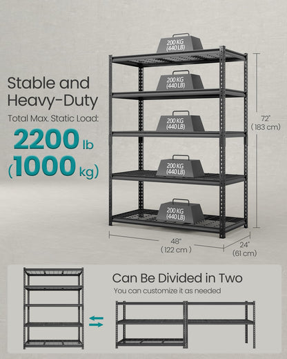 SONGMICS 5-Tier Steel Storage Shelves, Boltless Assembly, 2,200 lb Load
