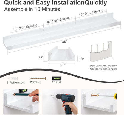 Floating Picture Ledge Shelves 48 Inch Solid Oak Wood Set of 2, Rustic Wall Storage Shelves with Lip, Kids Bookshelf, Photo & Picture Ledge Shelves for Bedroom, Living Room, Kitchen