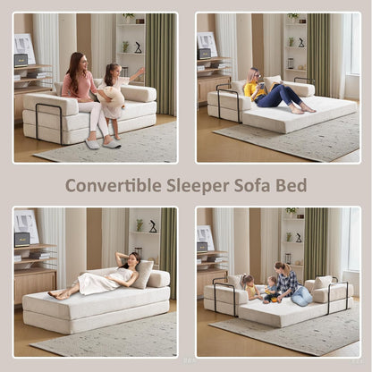 Convertible Sleeper Sofa Bed, Compression Folding Sofa with Pillow, No Assembly Required, Shape Frame, Floor Sofas Lounge Couch for Living Room, Bedroom, Small Spaces(Corduroy, 77''W, Off-white)