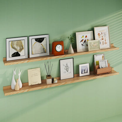 Floating Picture Ledge Shelves 72 Inch Solid Oak Wood Set of 2, Rustic Wall Storage Shelves with Lip, Kids Bookshelf, Photo & Picture Ledge Shelves for Bedroom, Living Room, Kitchen
