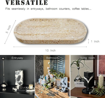 JINGJU Turkish Travertine Oval Tray 10x5 Inches, Natural Stone Decorative Tray for Jewelry, Candle, Bathroom Counter, Coffee Table