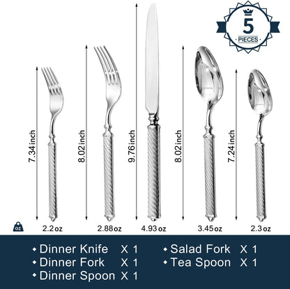 KINGSTONE Retro Rope-Pattern Silverware Set, 5-Piece Flatware Set Cutlery Set Forged with Handcrafted Texture Handles 18/10 Stainless Steel, Dishwasher Safe