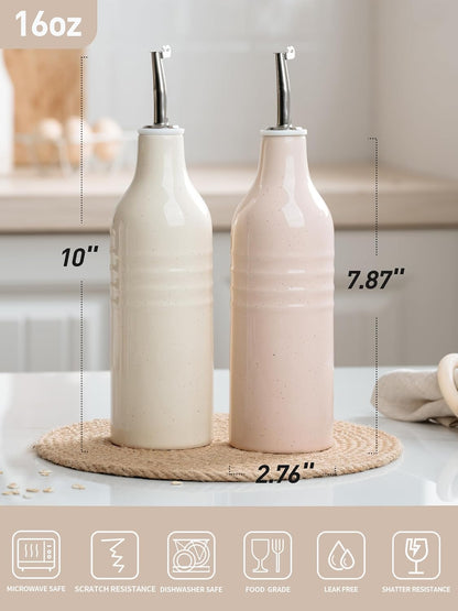 famiware Jupiter 16oz Ceramic Olive Oil Dispenser Bottle, Olive Oil and Vinegar Dispenser Bottle Set of 2 with Stainless Steel Pourers, Suitable for Storage Vinegar, Vanilla White & Light Pink