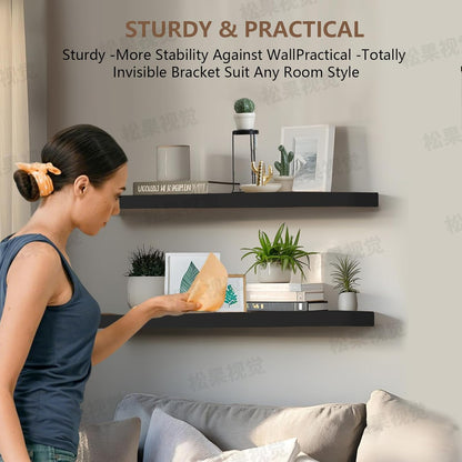 Solid Wood Floating Shelves Set of 2 - Natural, Warp & Crack Resistant 35.43 Inch Wall Shelf with Invisible Brackets Thicker, More Durable for Bathroom, Bedroom, Kitchen, Living Room (Black, 35.43)