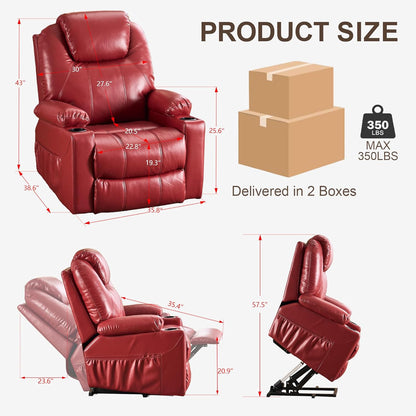 SALOHZA Power Lift Recliner Chair for Elderly with Massage and Heat for Living Room, Electric Recliner Chair for Adults with USB/Type C Port/Cup Holders, PU Faux Leather, Red
