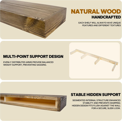 Floating Shelves 3 inch Thick for Wall Set of 2,Solid Pine Wood Wall Mount Shelf for Kitchen Living Room Bedroom Bathroom,8" D x 36" L x 3" H-Black Walnut