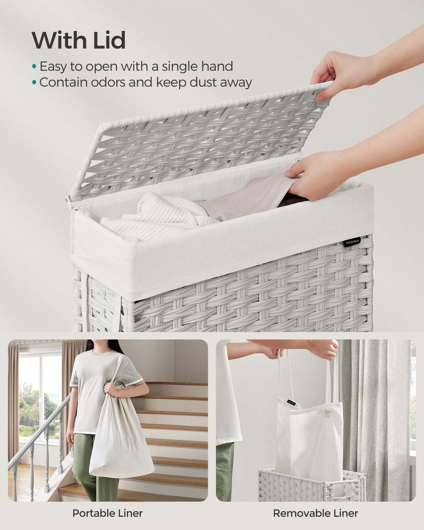 SONGMICS Slim Laundry Hamper with Lid, 14.5 Gallon (55L) Rattan Clothes Laundry Basket with Lid and
