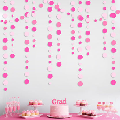 Hot Pink Party Decorations Circle Dots Garland Rose Pink White Hanging Paper Polka Dots Streamer for Birthday Bachelorette Engagement Wedding Baby Bridal Shower Anniversary Minnie Theme Party Supplies