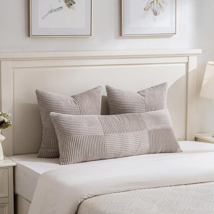 Fancy Homi Set of 2 Neutral Taupe Boho Long Lumbar Body Decorative Throw Pillow Cover 14x36 Inch for Bed Couch Bedroom Bench, Soft Patchwork Corduroy Textured Pillow Case, Farmhouse Room Decor