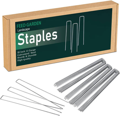 FEED GARDEN 12 Inch 100 Pack Galvanized Landscape Staples 11 Gauge Anti-Rust Garden Stakes Landscaping Fabric SOD Pins Yard Stakes for Weed Barrier Fabric