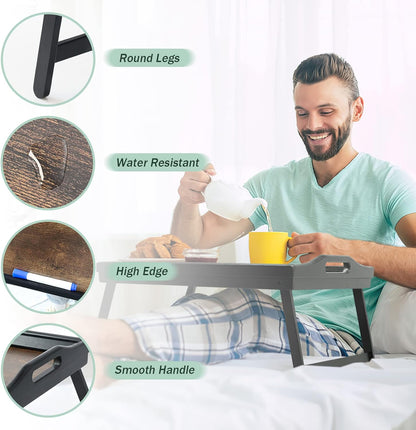 2 Pack Bed Tray Table Breakfast Trays Serving Tray Bamboo Bed Laptap Floding Legs with Handles and Phone Holders