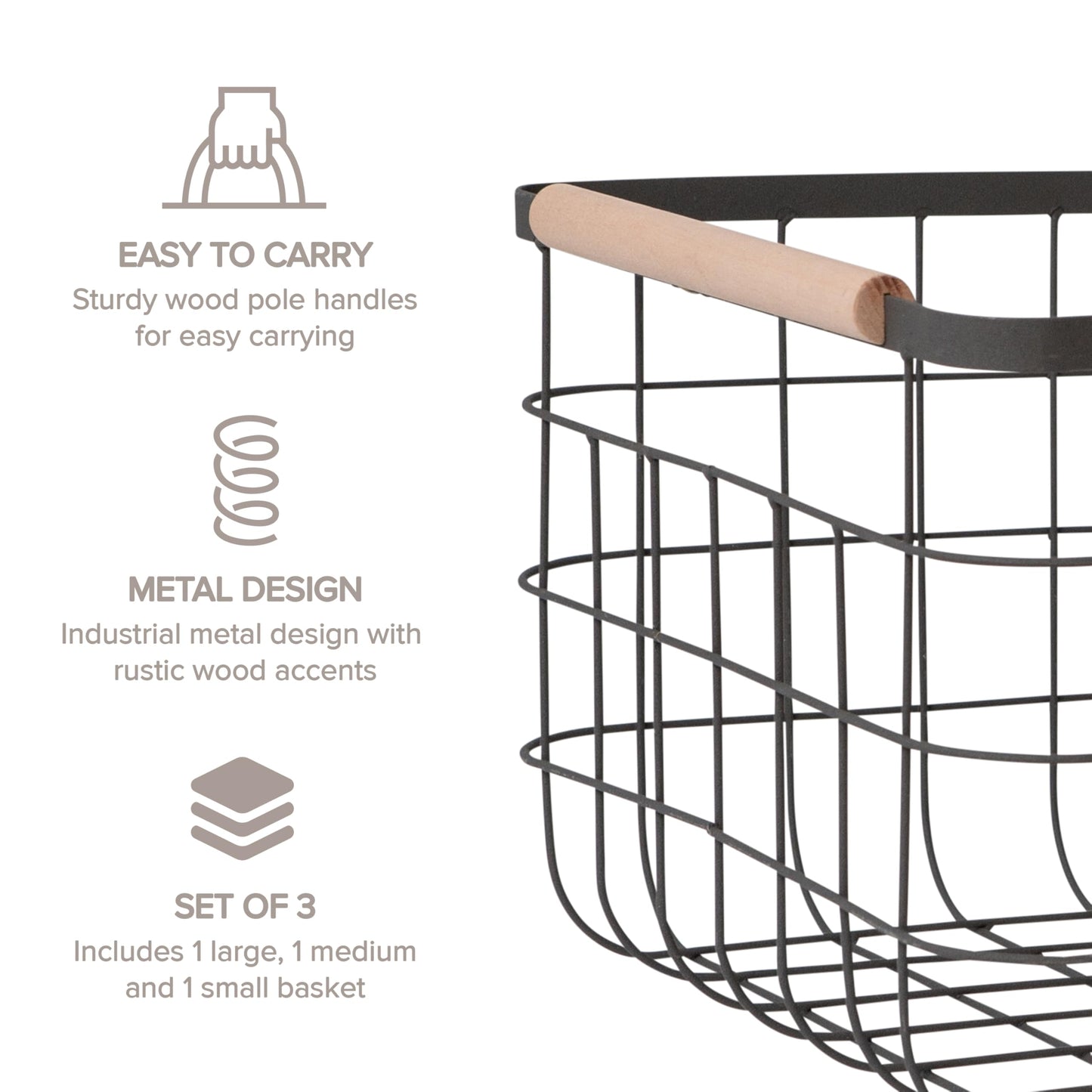 RGI Home Dog Toy Storage Baskets – Set of 3 Rectangular Metal Organizer Bins for Pet and Household