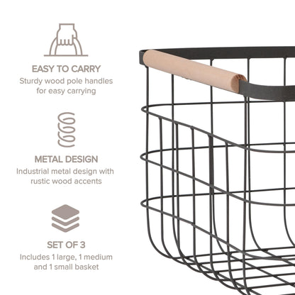RGI Home Dog Toy Storage Baskets – Set of 3 Rectangular Metal Organizer Bins for Pet and Household