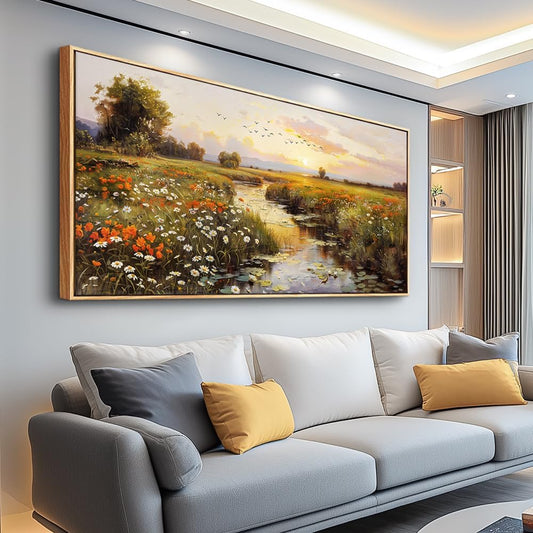 PHAOHUAXM Large Wall Art For Living Room Canvas Wall Decor For Bedroom Watercolour Painting Office Decoration Countryside Sunrise Scenery Wall Picture Ready To Hang Home Decor Wood Framed 20x40 In