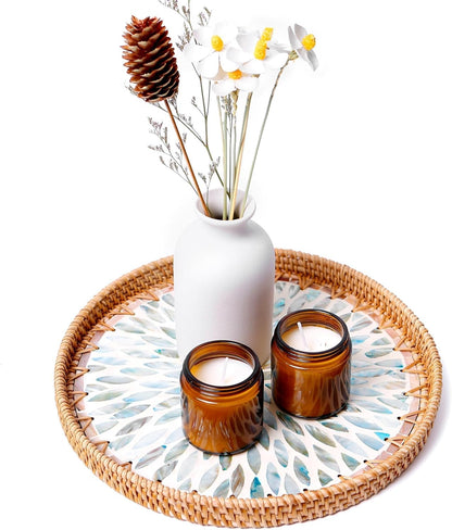 Round Rattan Tray with Mother of Pearl Inlay & Wooden Base - Decorative Wicker Serving Tray for Coffee/Bread/Fruits, Food Storage & Display - Multipurpose Home Decor (L,Colorful Leaves)