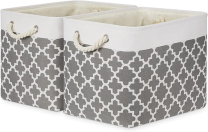 Bidtakay Large Fabric Storage Basket Set of 2 Collapsible Rectangle Basket for Shelves 16" X 11.8" X 11.8" Decorative Organizer Bins for Clothes Toys(White&Quatrefoil Grey)