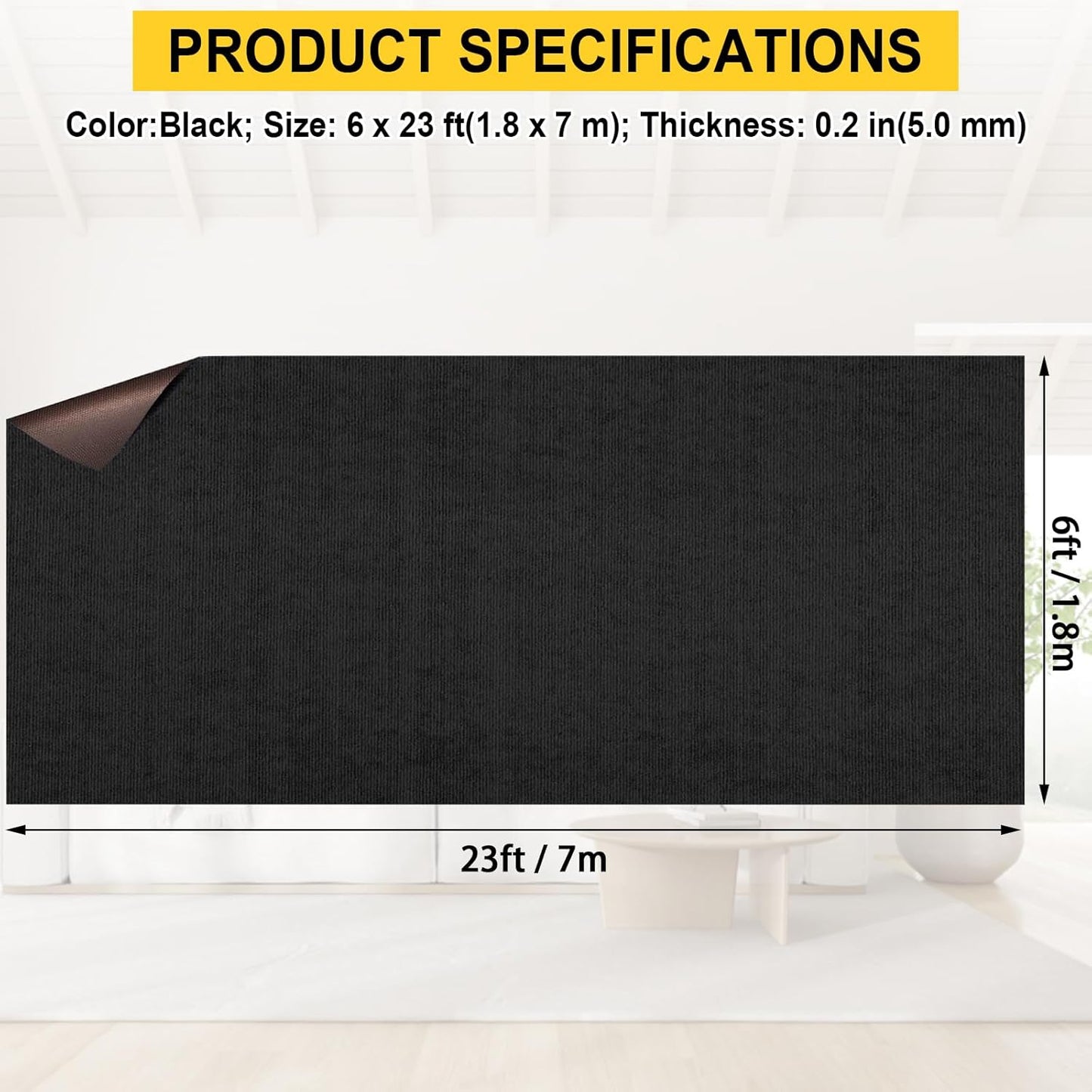 Marine Carpet,6 FT x 23 FT Black Indoor Outdoor Carpet 0.2" Thick Boat Carpet with Water-Proof TPE Backing, Non-Slide Outdoor Marine Carpet Roll for Home, Patio, Porch, Deck
