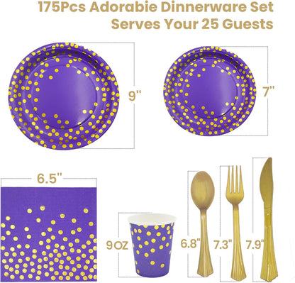 AIRE 175PCS Purple Gold Paper Plates Party Supplies for 25 Guests Party Decorations Disposable Dinnerware Paper Plates Cups Napkins Gold Plastic Forks Knives Spoons for Birthday Baby Shower Wedding