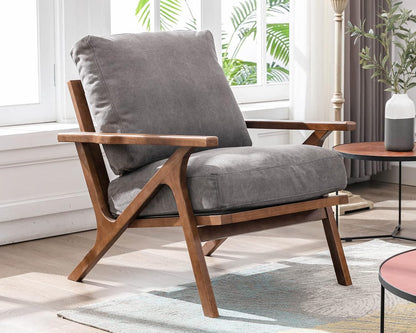 HNY Set of 2 Mid Century Accent Chair, Upholstered Armchair with Wood Frame and Canvas Cushions, Leisure Reading Chair Slipper Chair for Living Room, Bedroom, Gray