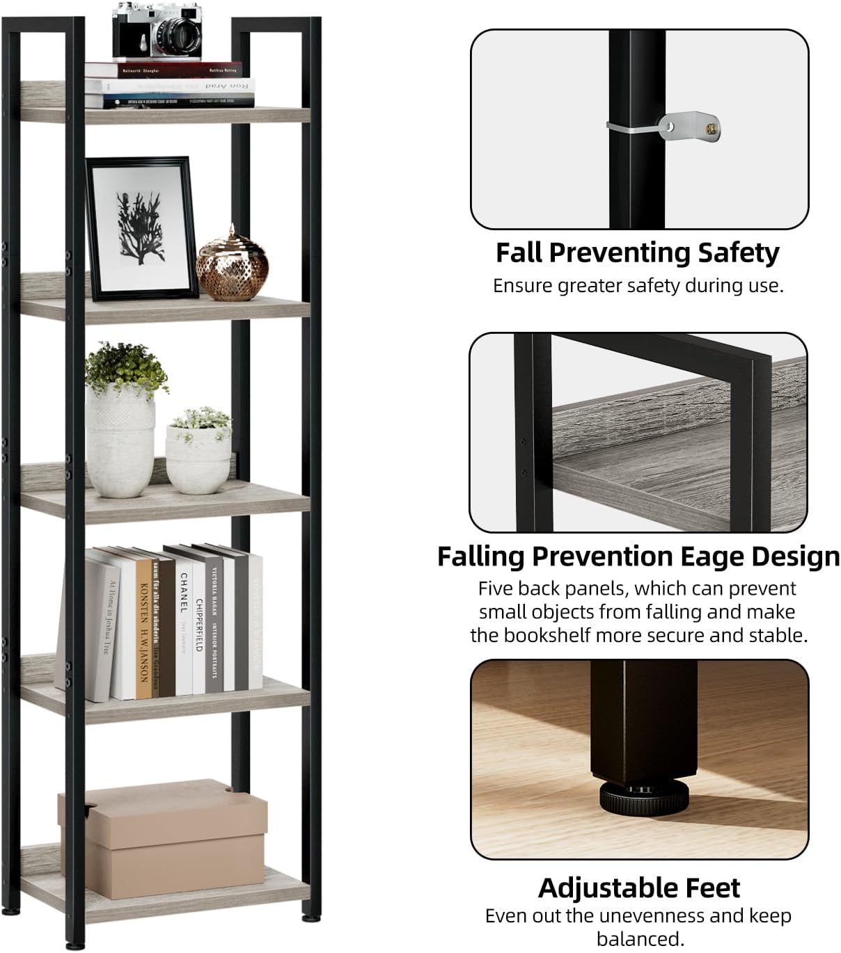 NUMENN Narrow Bookshelf, 5 Tier Bookshelves, Home Office Bookcase Shelf Storage Organizer, Free Standing Storage Shelving Unit for Bedroom, Living Room and Home Office, Grey