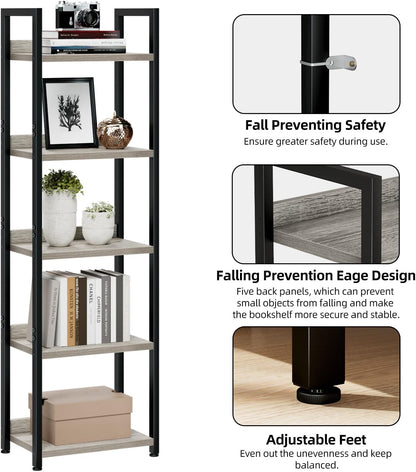 NUMENN Narrow Bookshelf, 5 Tier Bookshelves, Home Office Bookcase Shelf Storage Organizer, Free Standing Storage Shelving Unit for Bedroom, Living Room and Home Office, Grey