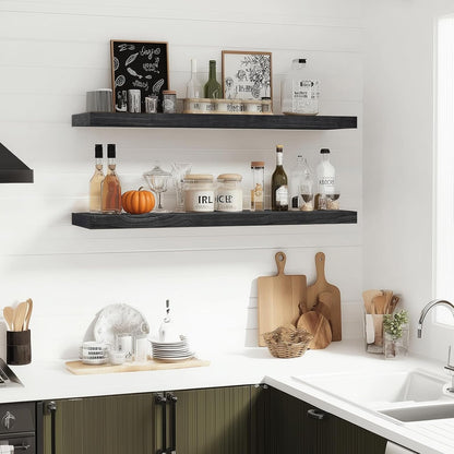 Floating Wall Shelves 2-Pack - 36-Inch Rustic Black Wooden Shelves for Storage and Décor, Easy Installation for Living Room, Bedroom, and Kitchen