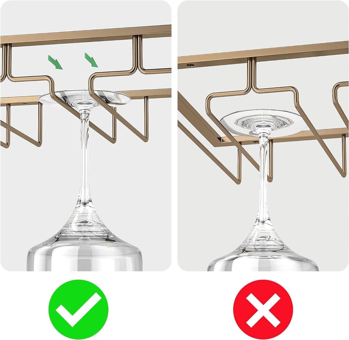 Wine Glass Rack - Under Cabinet Stemware Wine Glass Holder Glasses Storage Hanger 2 Pack Metal Organizer for Bar Kitchen Gold