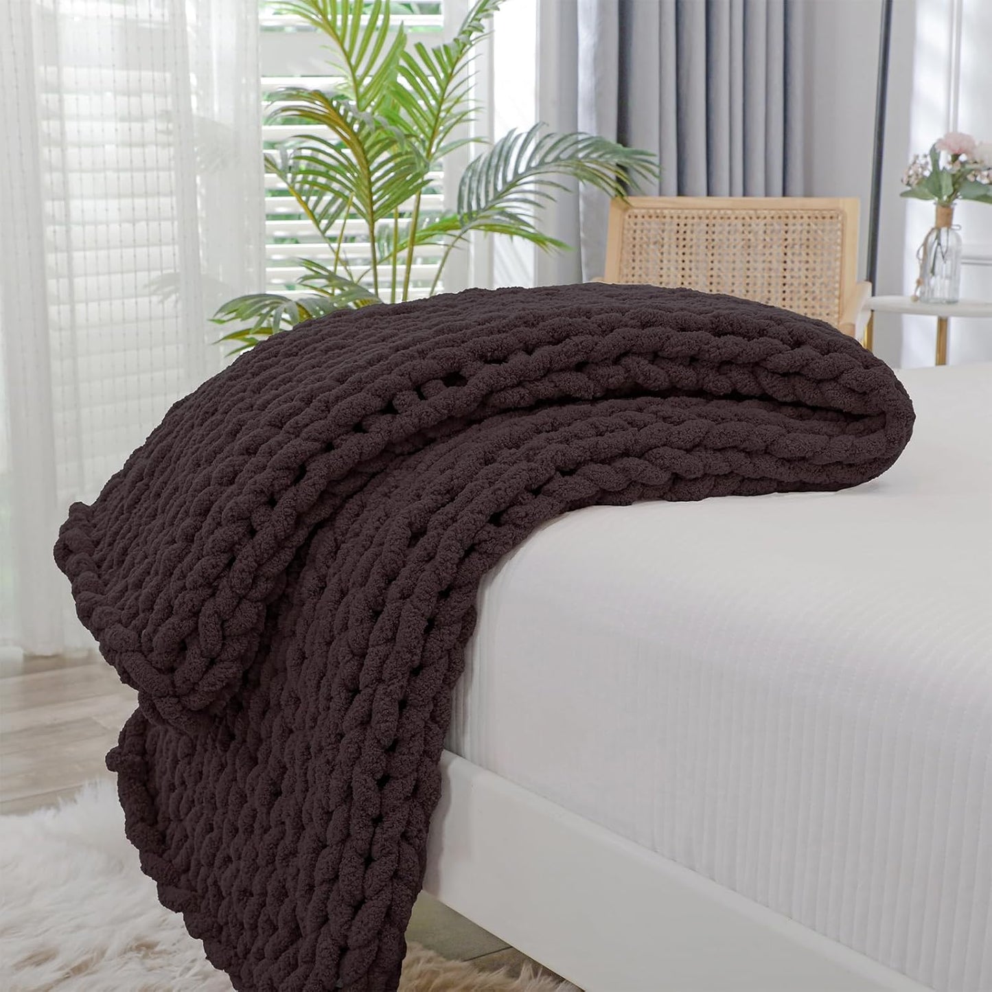 Bigacogo Chunky Knit Throw Blanket for Couch, 51x63 inches, 100% Hand Knitted with Thick Jumbo Chenille Yarn, Cozy Soft Large Rope Knot Cable Crochet Blankets for Sofa Bed Living Room, Chocolate