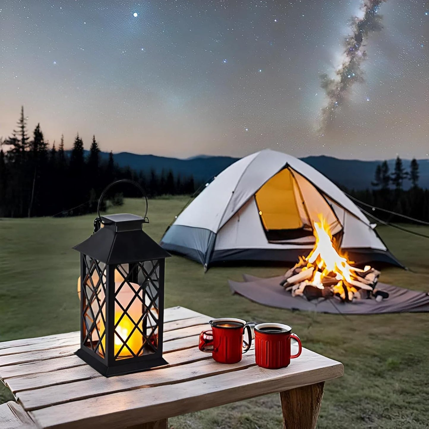 Simplelight 11 Inch Decorative Lanterns-IP44 Waterproof Outdoor Hanging Lantern, Battery Operated Decorative Lantern for Patio, Table, Fireplace with Timer, Black Color (1)