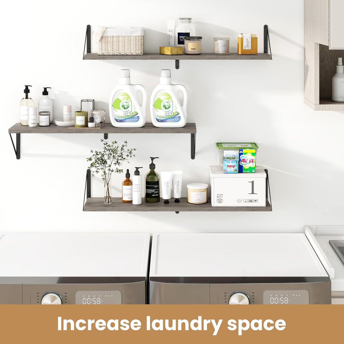 Heimlove 36 Inch Floating Bookshelves Set of 3,Wall Bookshelf Heavy Duty Wall Mounted Bookshelves for Living Room,Bedroom,Kitchen,Laundry Room Storage & Decor,Silver Grey