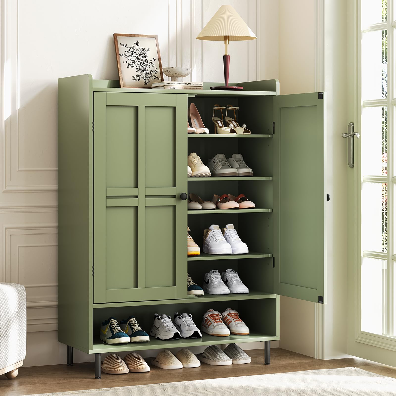 ComfyCorner Shoe Cabinet with Cross Molding Doors, 6-Tier Storage, Green