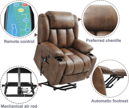 Power Lift Recliner Chair for Elderly Breathable Leather Recliner Chair with Massage and Heat for People Limited Mobility,2 Cup Holders,Electric Stand Assist,USB Ports,Gifts for Family (Ochre)