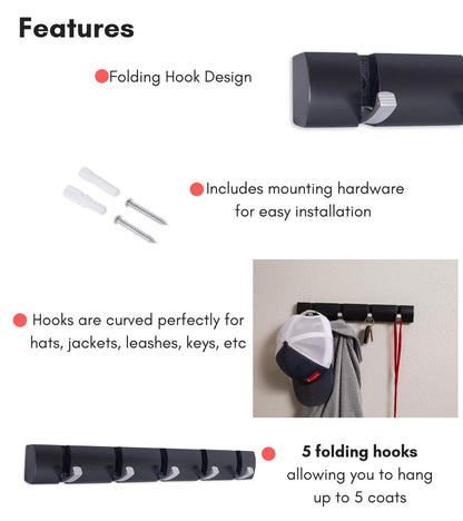 BIRDROCK HOME Folding Hook Coat and Hat Rack - 5 Hooks - 18 Inches - Wall Mount - Decorative Home