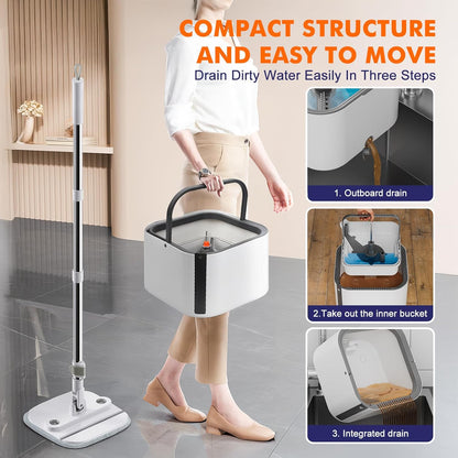 Upgraded Spin Mop and Bucket Self-Standing Mop Bucket Separate Dirty and Clean Water System Self Wringing 360° Rotating Clean Mop and Bucket Set (Light Gray, 10Pads Mop and Bucket Set)