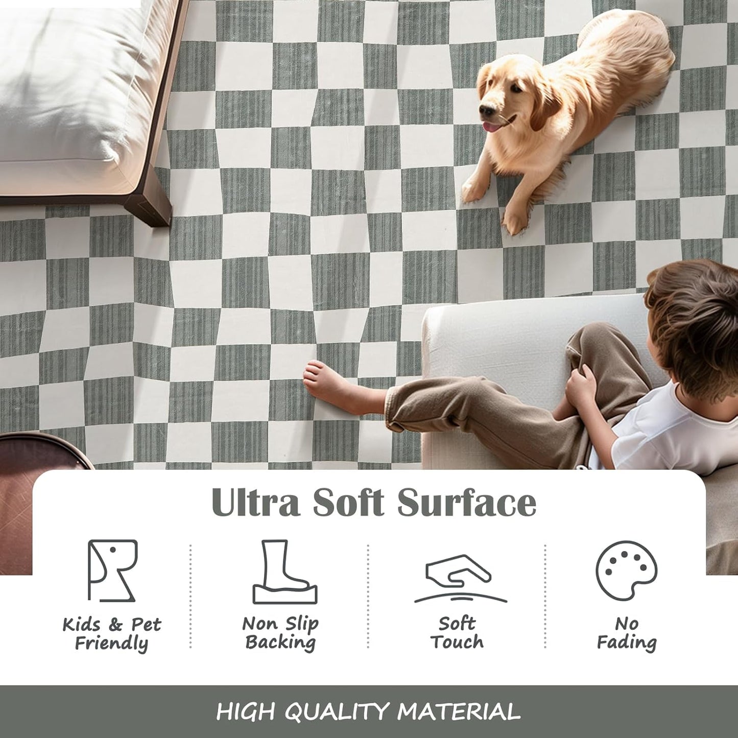 jinchan 4x6 Checkered Area Rugs for Kids Room - Machine Washable Soft Rug Modern Geometric Lattice Non-Slip Carpet for Nursery Playroom Bedroom Entryway Living Room Dining Room Home Office Grey