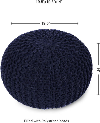 REDEARTH Round Pouf Foot Stool Bean Bag Ottoman - Cable Knitted Cord Boho Pouffe - Poof Accent Bean Bag - Handmade by Artisans for Living Room - Bedroom (19.5"x19.5"x14") - Navy Blue