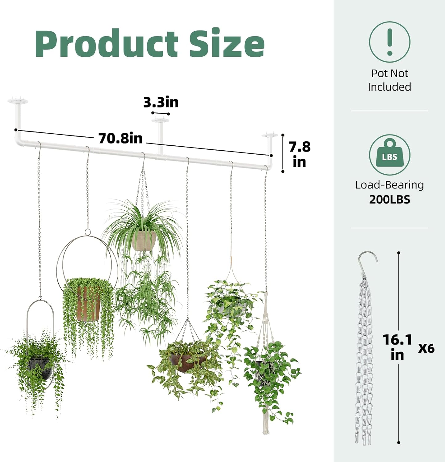 Plant Hanger Indoor with 6 Hanging Chains Hanging Planters for Indoor Plants Hanging Plant Holder Window Plant Shelves White Metal Rod(Pot not Included