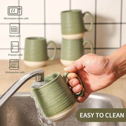 Large Ceramic Coffee Mugs Set - 15 OZ Porcelain Coffee Latte Cups Set of 4 with Handle Perfect for Cappuccino, Tea, Mocha, Hot or Cold Drinks, Unique Glaze Design for Home, Cafe and Coffee Bar, Green