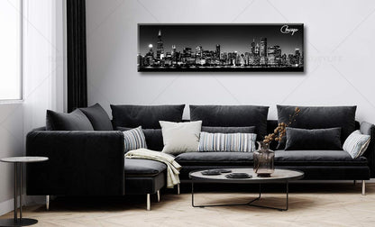 Office Wall Decor Black and White Wall Art Chicago Skyline Pictures for Living Room Modern Large Canvas Print Artwork Stretched and Framed 13.8"X47.3"