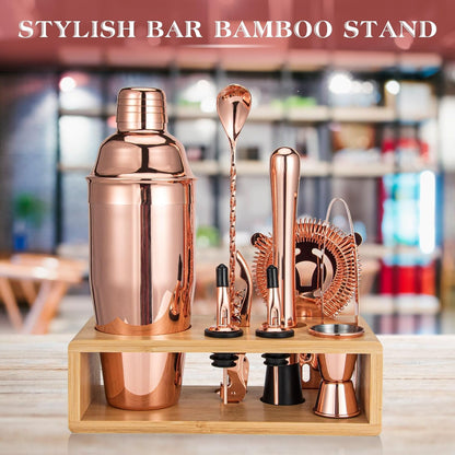 Cocktail Shaker Set, Mixology Bartender Kit 10-Piece Bar Tool Set with Stylish Bamboo Stand, Bar kit: Matini Shaker Mixing Spoon Muddler Jigger Cocksrew for Barware Set | Rose