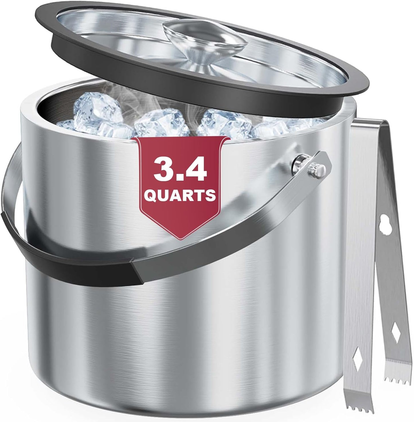 3.2 Liter Ice Bucket with Silicone Lid, Strainer, Tongs, Double Wall Insulated Stainless Steel Ice Bucket Wine Bucket for Cocktail Bar and Parties