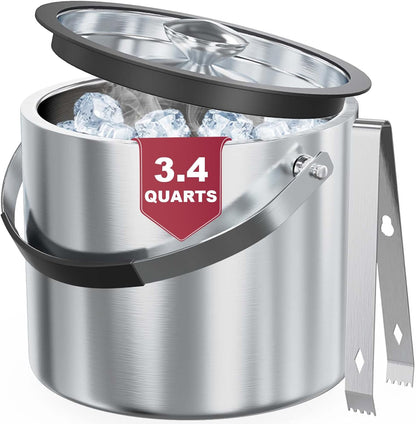 3.2 Liter Ice Bucket with Silicone Lid, Strainer, Tongs, Double Wall Insulated Stainless Steel Ice Bucket Wine Bucket for Cocktail Bar and Parties