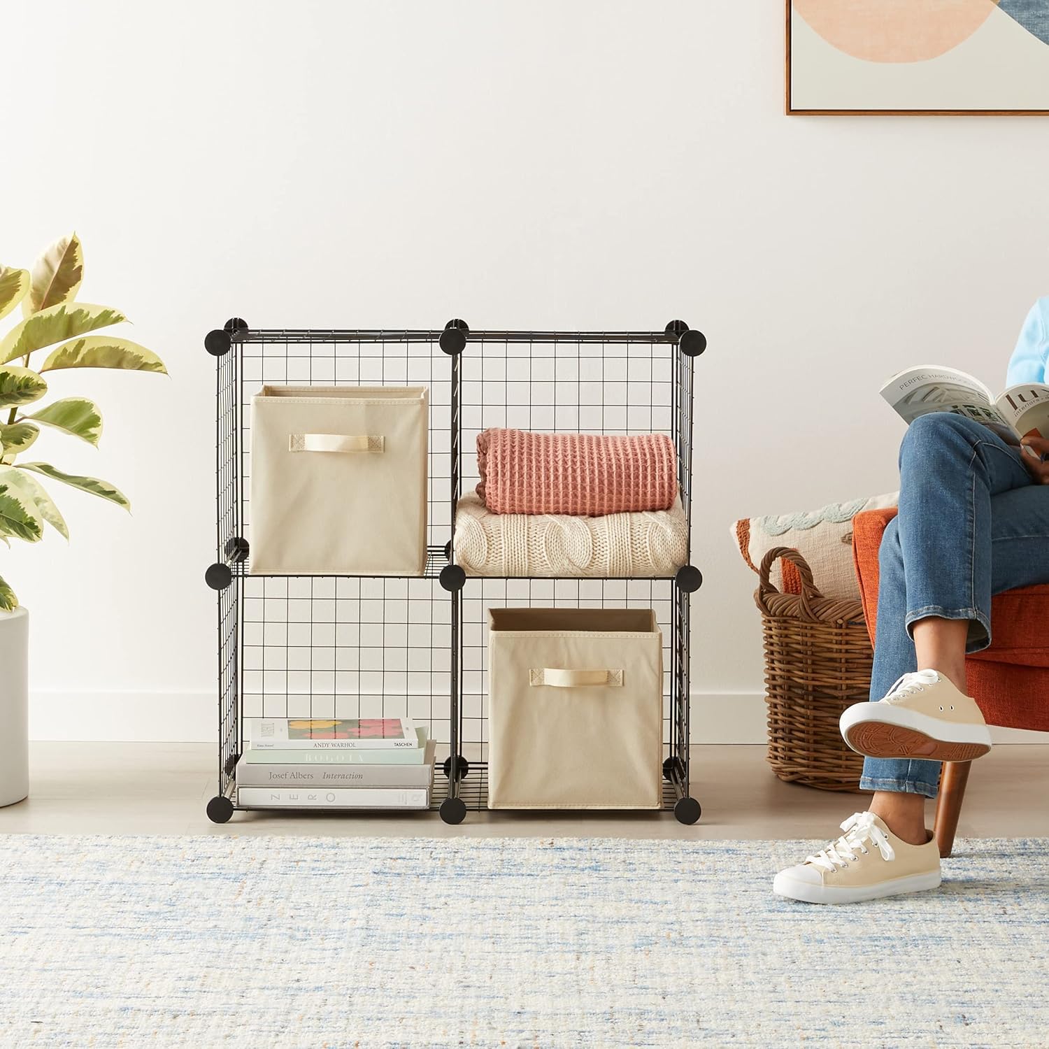 Amazon Basics 4 Cube Wire Grid Storage Organizer, Closet Organizer and Shelves, Stackable