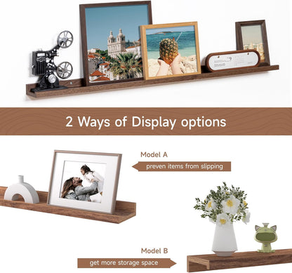 Fun Memories Picture Ledge Shelf, 48 Inch Floating Shelves Set of 2, Large Nursery Book Shelves for Toys Storage, Kids Bookshelf Wall Mounted for Wall Decor Books Photo Frames, Walnut