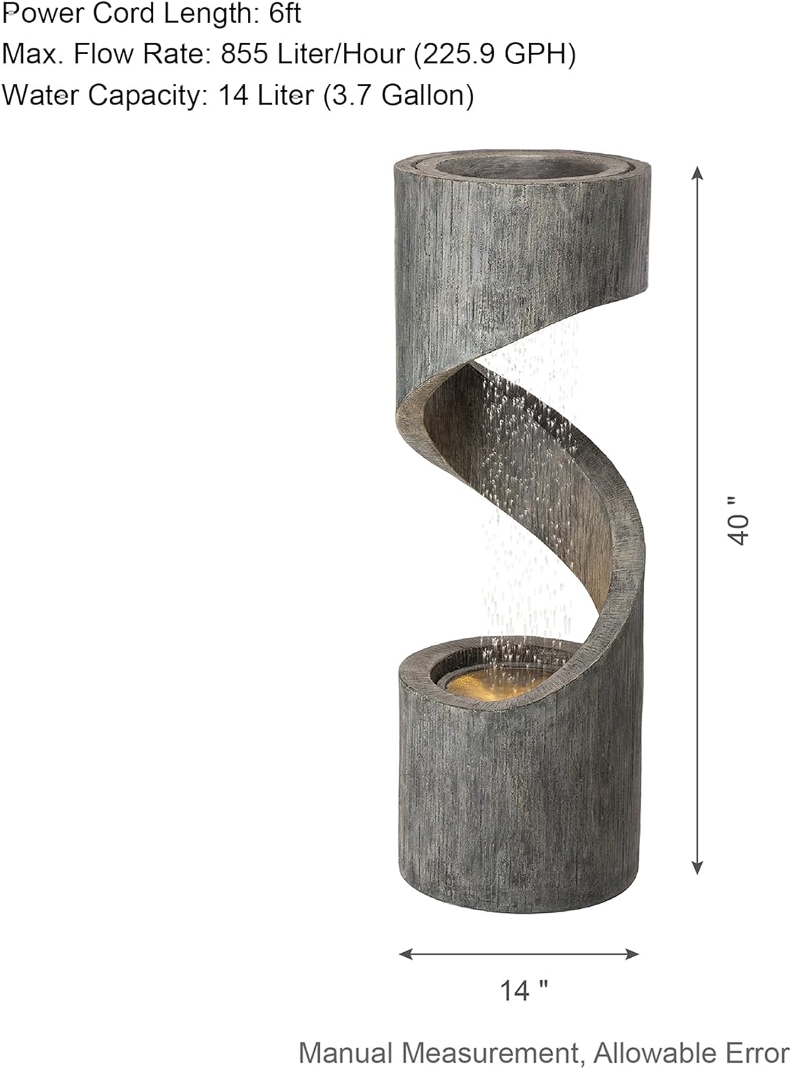 Glitzhome Tiered Outdoor Water Fountain with LED Light, Modern Spiral Outdoor Fountain with Stone Planter, Freestanding Curved Waterfall Fountains for Garden Patio Deck Porch, 40”H